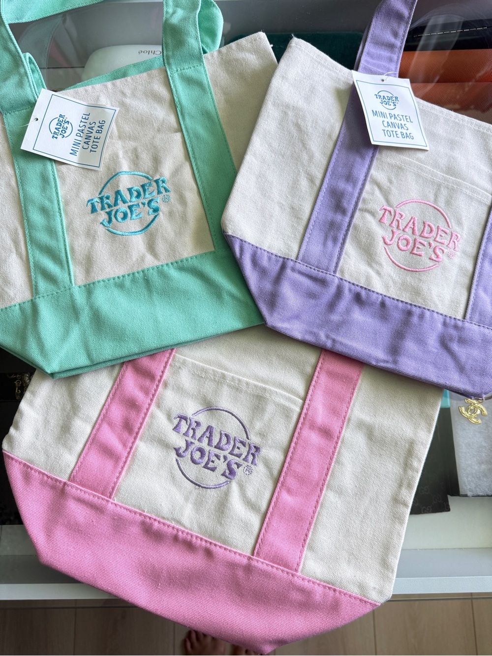 Trader Joe’s Spring Mini Pastel Canvas Totes - Lavender, Mint, and Pink (Bundle)